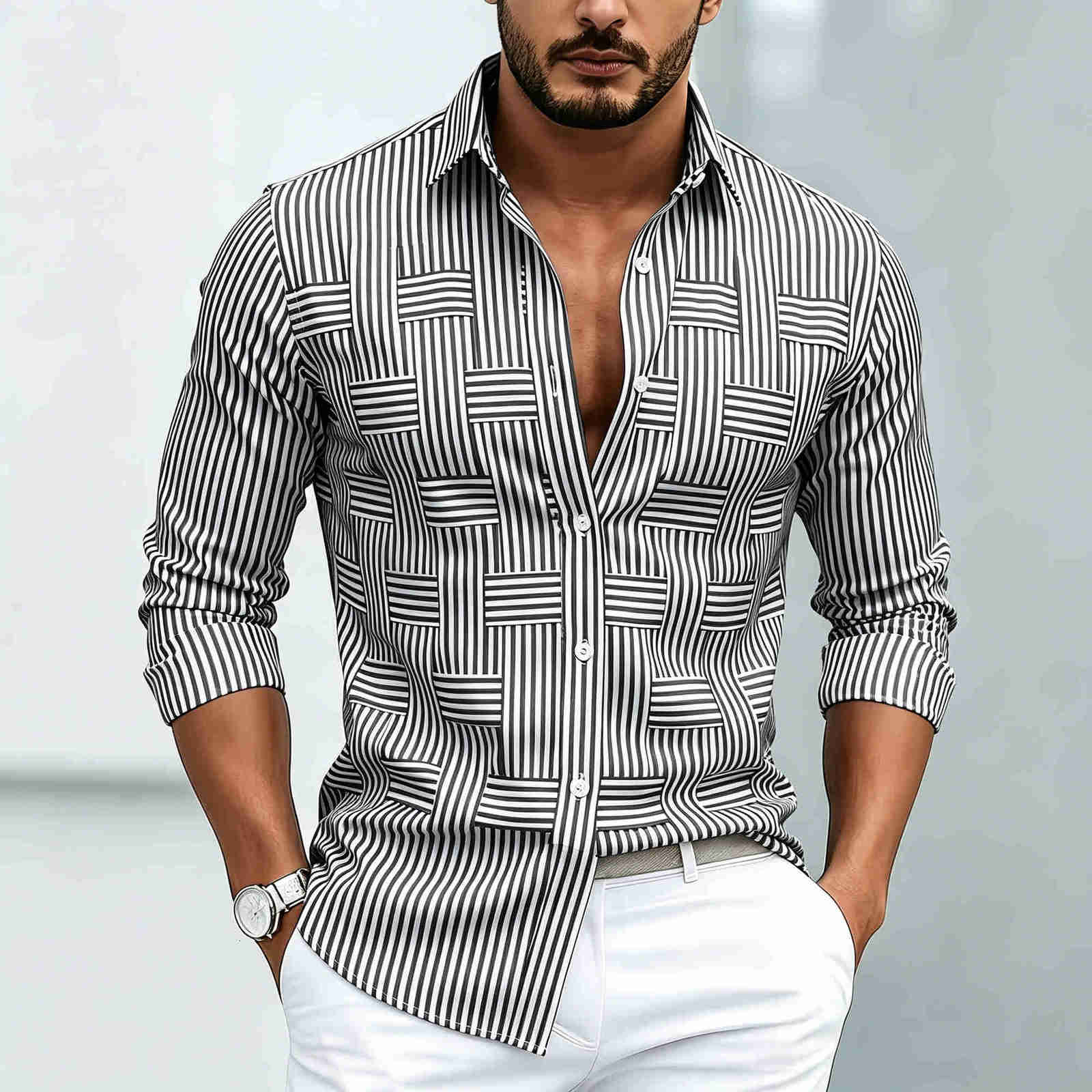 Casual Shirts Creative striped Men's shirt for men black and white color blocking geometric long-sleeved versatile drape top for commuting H260