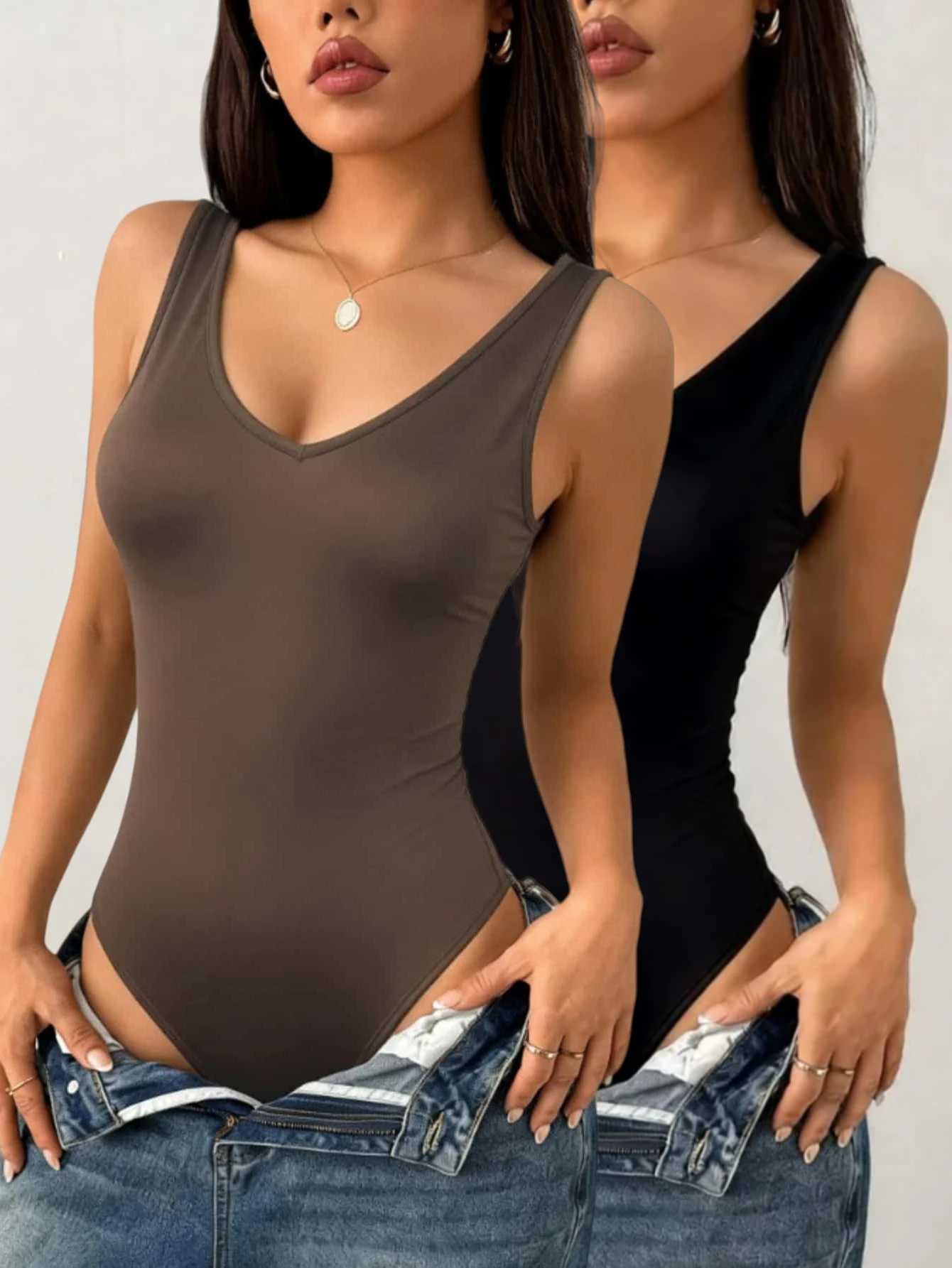 Women Slveless V Neck Bodysuit 2 Pack Form Fitting Solid Color Tank Bodysuit L260921AM3H