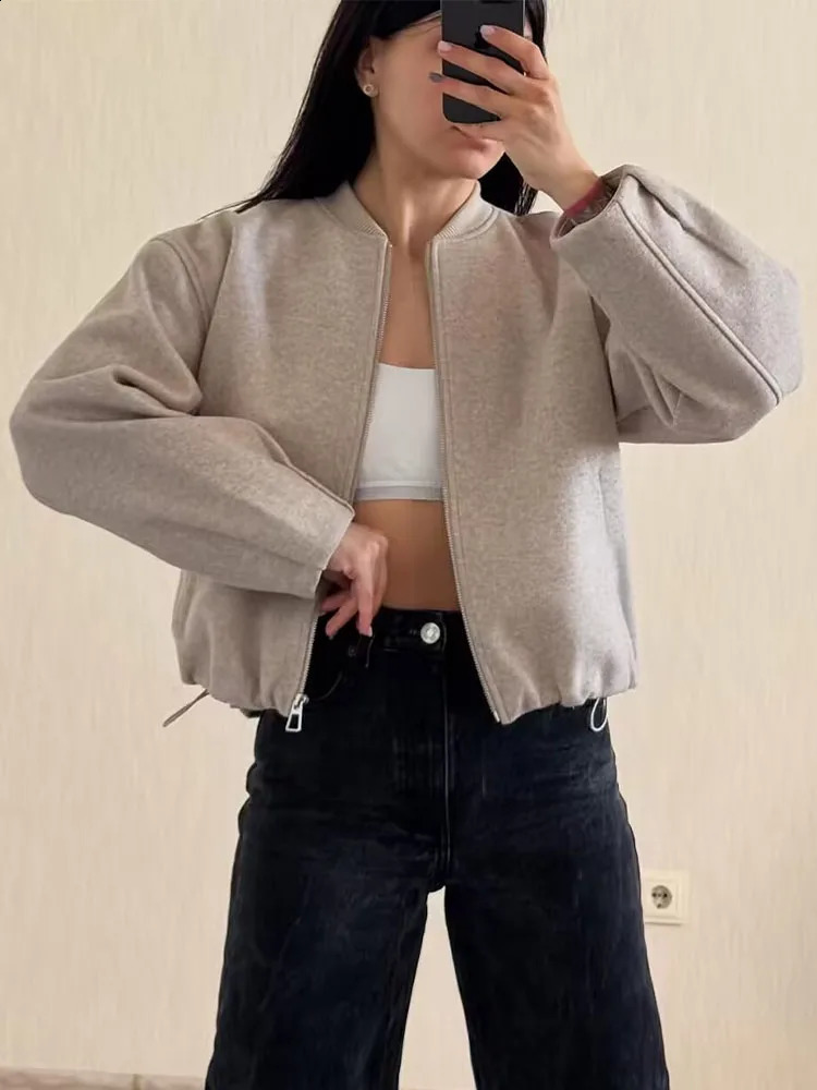SLTNX Elegant Women Bomber Jacket Long Sleeve Zipper Oversize Winter Loose Coat Female Crop Top Outwear Grey Top 260920