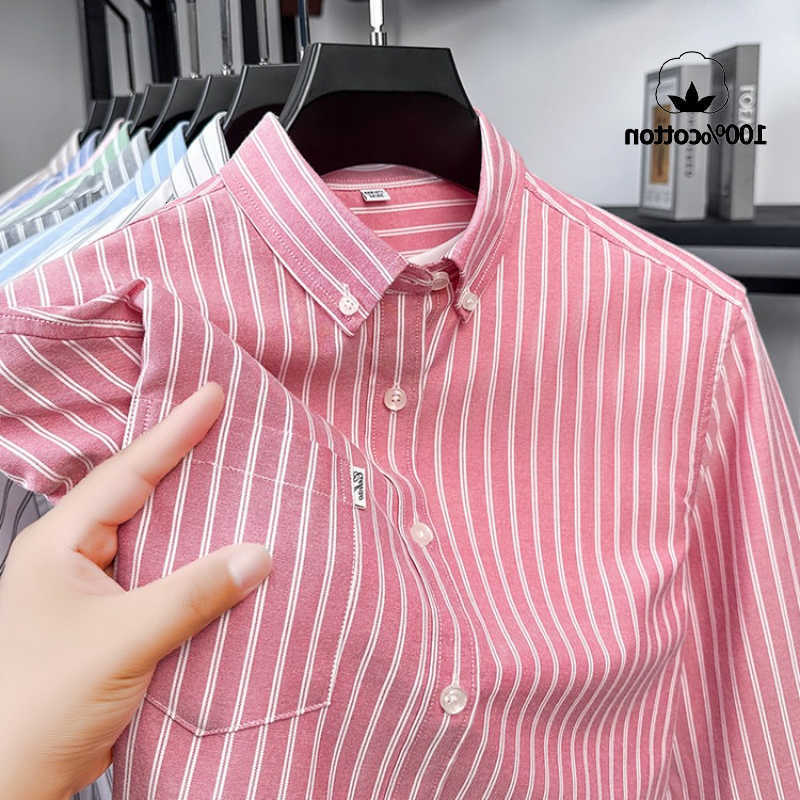 Cotton Men's Casual Shirts 100% Long - Sleeve Green Stripe ShirtComfortable Classic Style for Men Classic Striped Breathable Sweat-wicking Shir