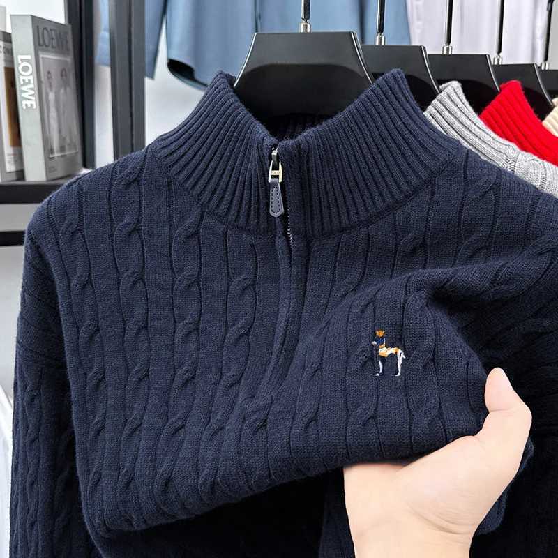 High end brand fashion jacquard sweater cartoon dog embroidery zipper semi high neck autumn winter warm men's knitted pullover Q260921