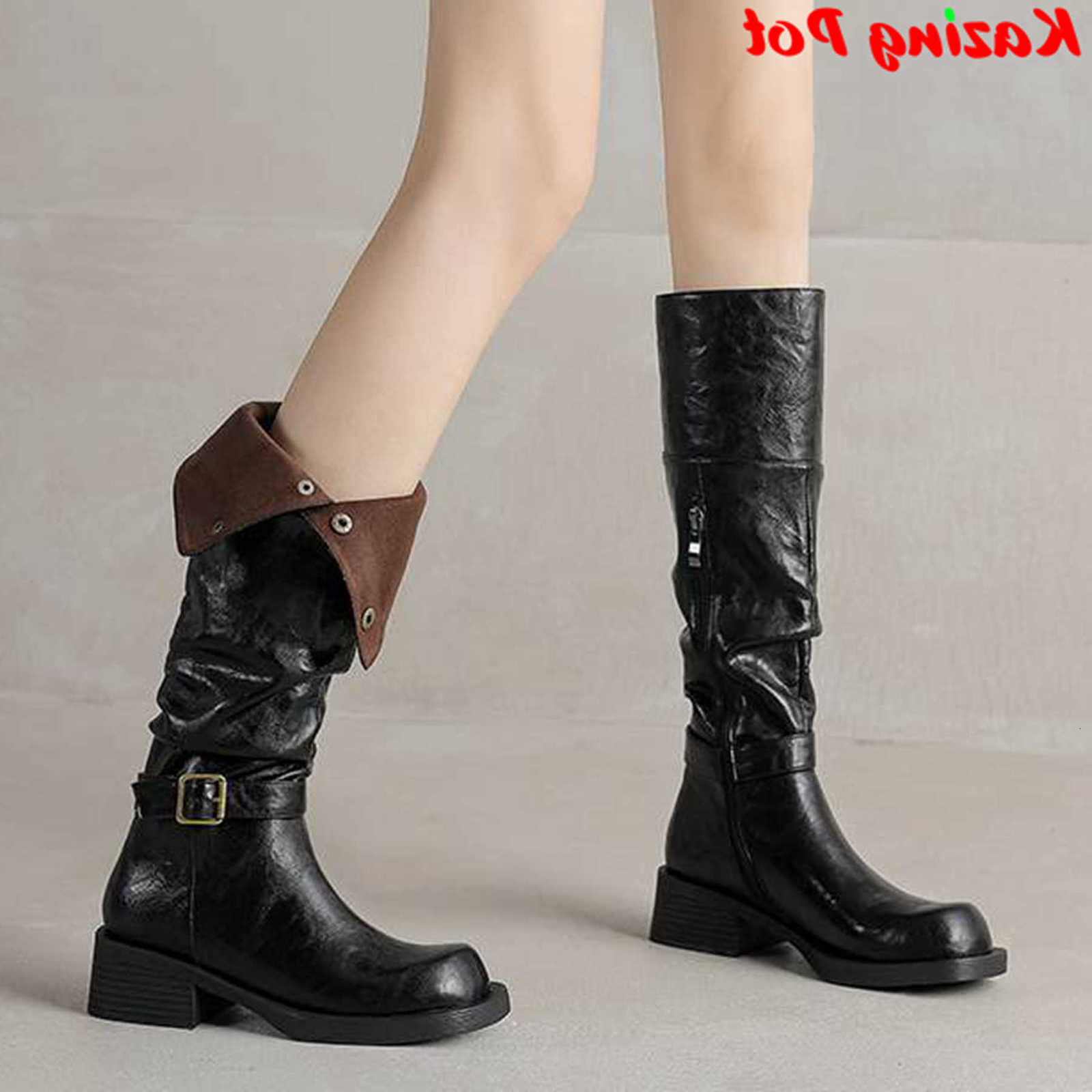 Krazing Pot 2025 Cow Boots Leather Med Heels Modern Stretch Boots Winter Warm Shoes Vintage Belt Runway Women Thigh High Boots H260921