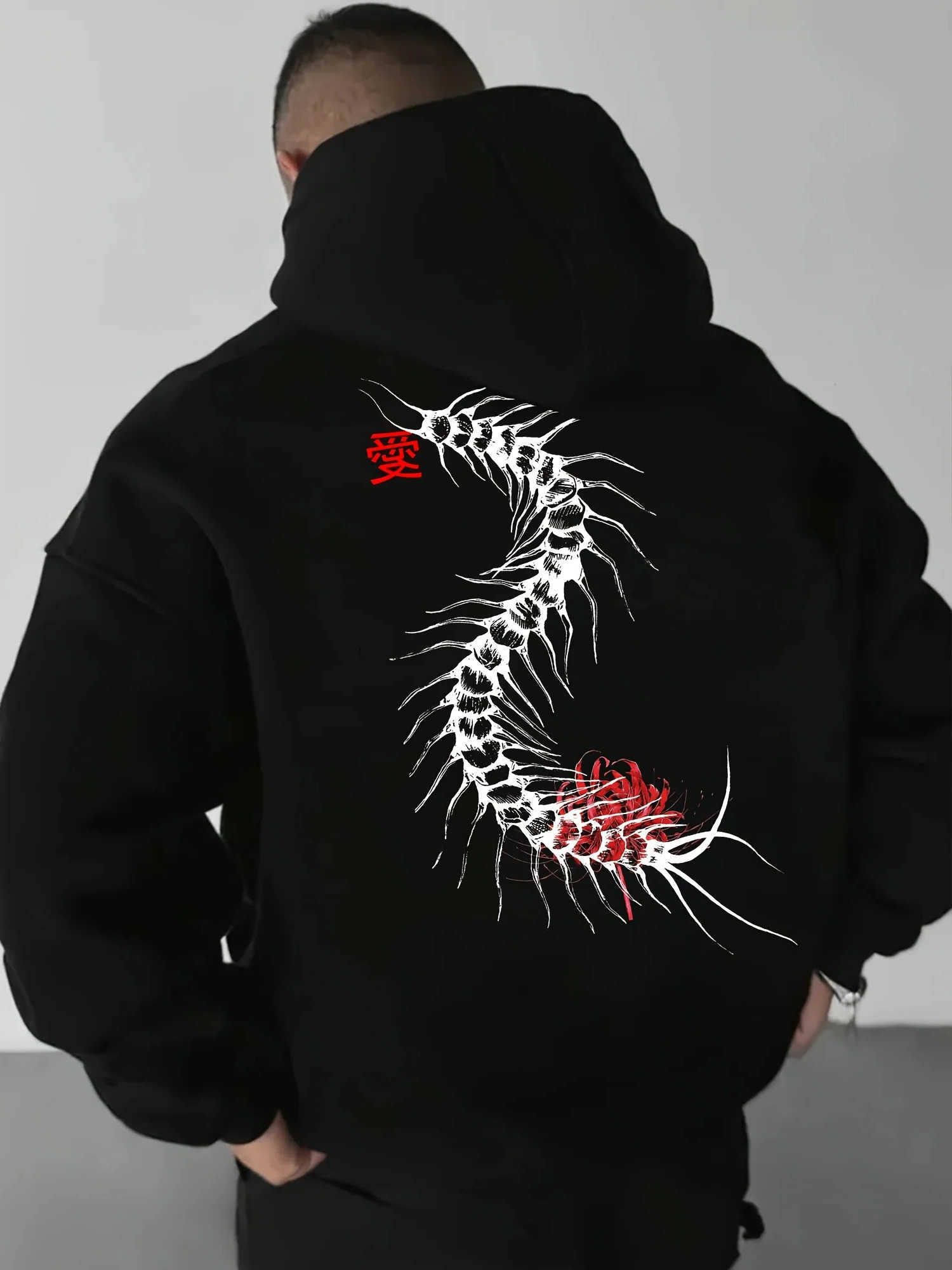 Men's Sweatshirts Men's Korean Hoodies Style Streetwear White Centipede and Red Heart Pattern Loose Everyday Long-sleeved Hoodie D260921