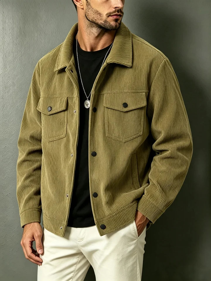 Mens Corduroy Trucker Jacket Turn Down Collar Double Chest Pockets Button Casual Long Sleeve Coat 26921