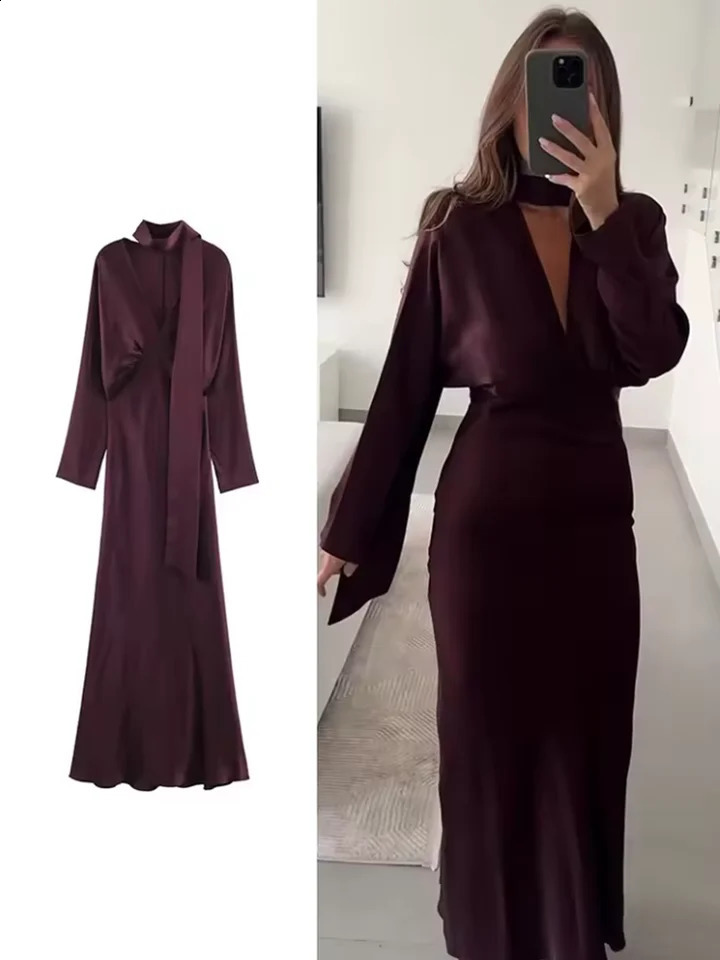 Scarf Solid Elegant Maxi Dresses Women Spring V Neck Long Sleeve Club Party Long Dress Female Chic Slim Fit Dresses 260920