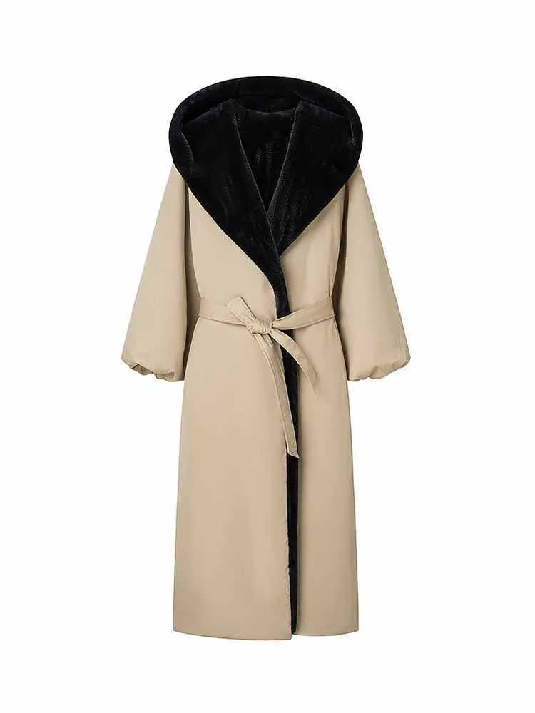 HH Trendy Woman Winter Fashion Long Slves Solid Color Faux Fur Collar Trim Loose Hooded Long Coat Female Commuting Casual Coat T260829