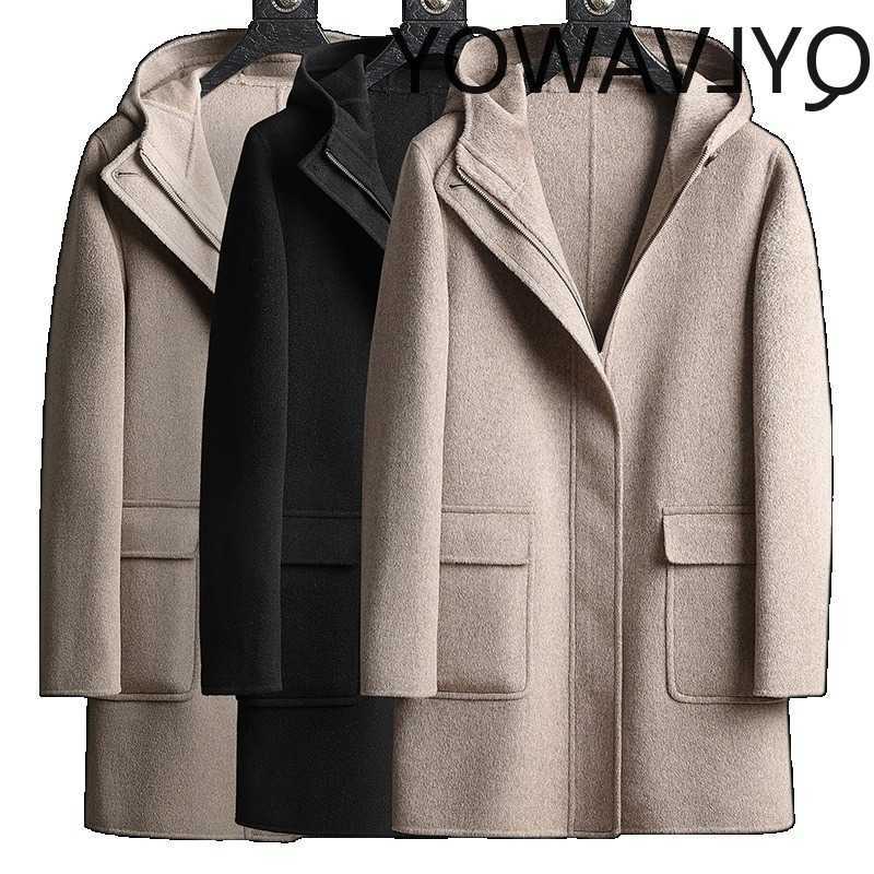 Misto lana da uomo double face QYLVAWOY Trench di lana da uomo Cappotto di lana 100% Giacca da uomo con cappuccio Cappotti di media lunghezza per uo
