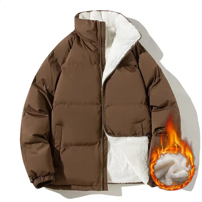 Couple Style Thicken Warm Sherpa Men Parkas Winter Loose Stand Collar Fleece Puffer Jacket Windproof Fashion Outdoor Daily Coats 260920