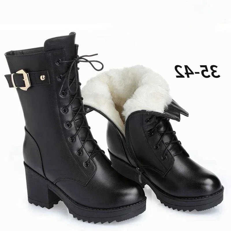 2023 Winter Leather Women Boots Winter Boots Thick Wool Warm Women High-heeled Genuine Boot High-quality Female Snow Boots Women Shoes H260921