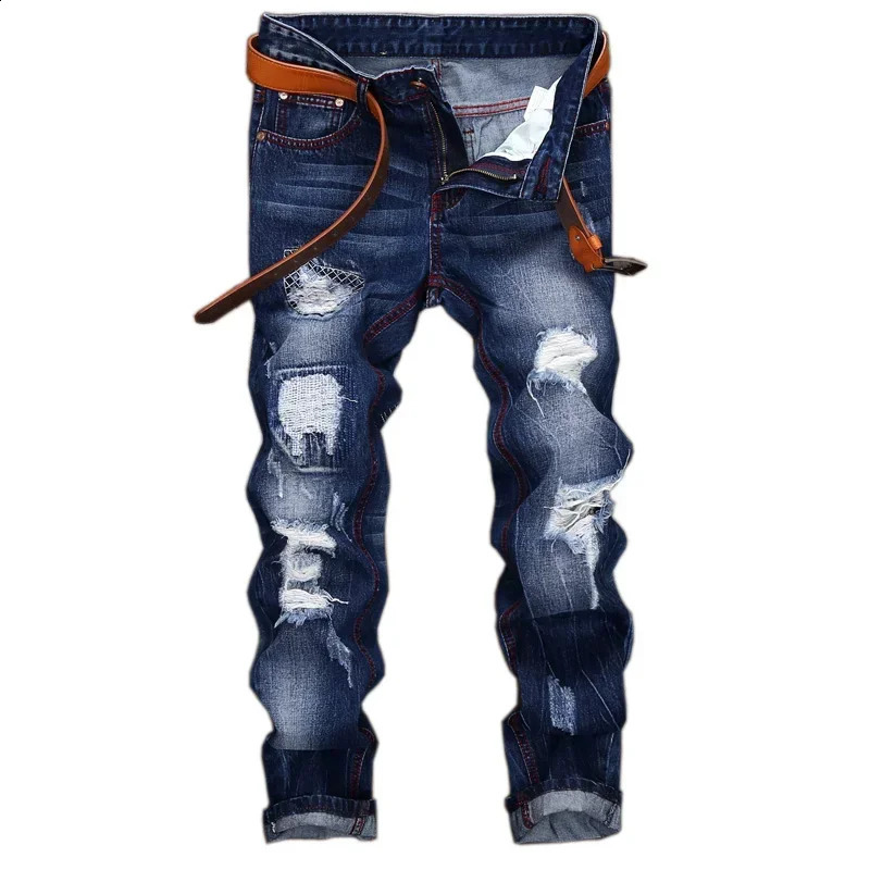 Men's Ripped Vintage Jeans Straight Denim Trousers Male Distressed Personalized Motorcycle High Street Spliced Jeans Pants 260920
