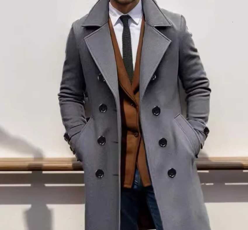 Autumn Blends Men's Winter Wool New Mid-Length Double-Breasted Men's Wool Coat Slim Fit Overcoat European Size Simple D260921