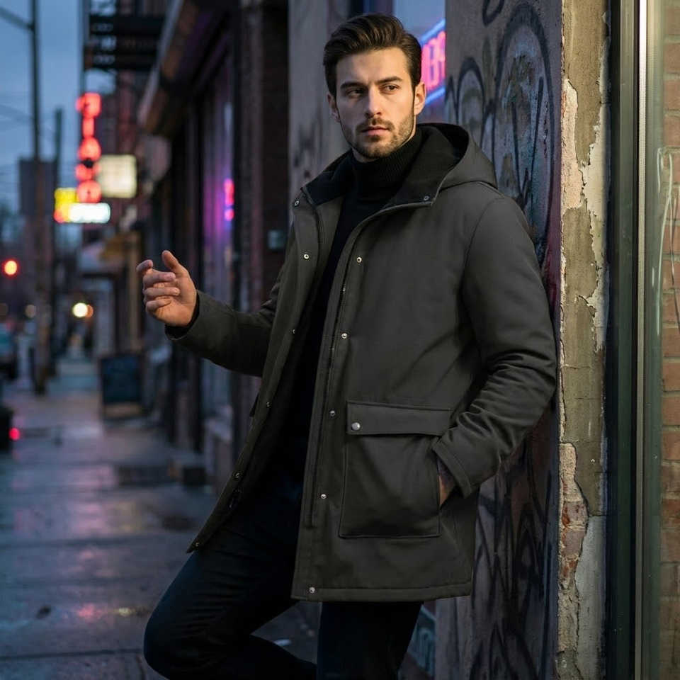 New Men's Wool Blends Men's Hooded Winter Jacket Premium Faux Suede Padded Lined Zippered Coat - Ultra Warm Urban Style for Chilly Days D2