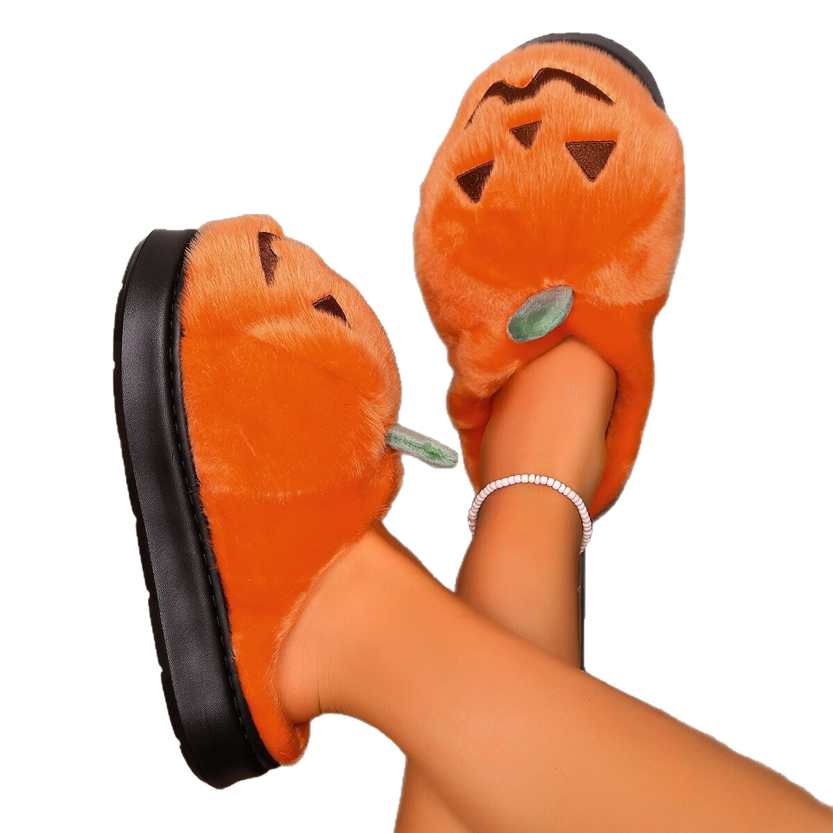Easy Home Shoes Plush Slippers Halloween Pumpkin Design Soft Fur Thick Platform Sole Warm Indoor Footwear For Women