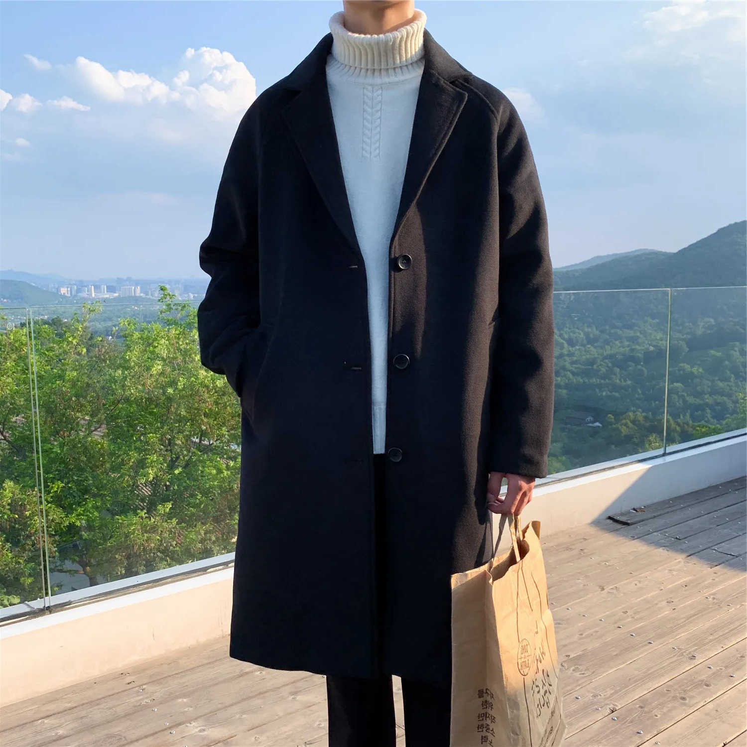 2024 Men's Legible Wool Blends Men's Winter Jacket Casual Loose Wool Coat Man Autumn Winter Solid Long Coats for Men D260921