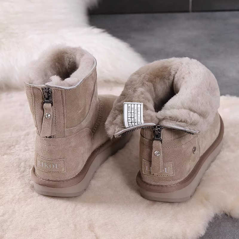 2026 women's winter snow boots with zipper fleece-lined thickened warm short-tube thick-soled leather and fur integrated cotton shoes L26921