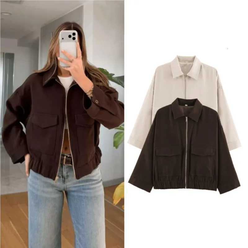 Coats Women's Jackets Jackets Women's Autumn Lapel Collar Long Sleeve Zipper Pockets Coat Casual Female Fashion Vintage Outerwear Short To