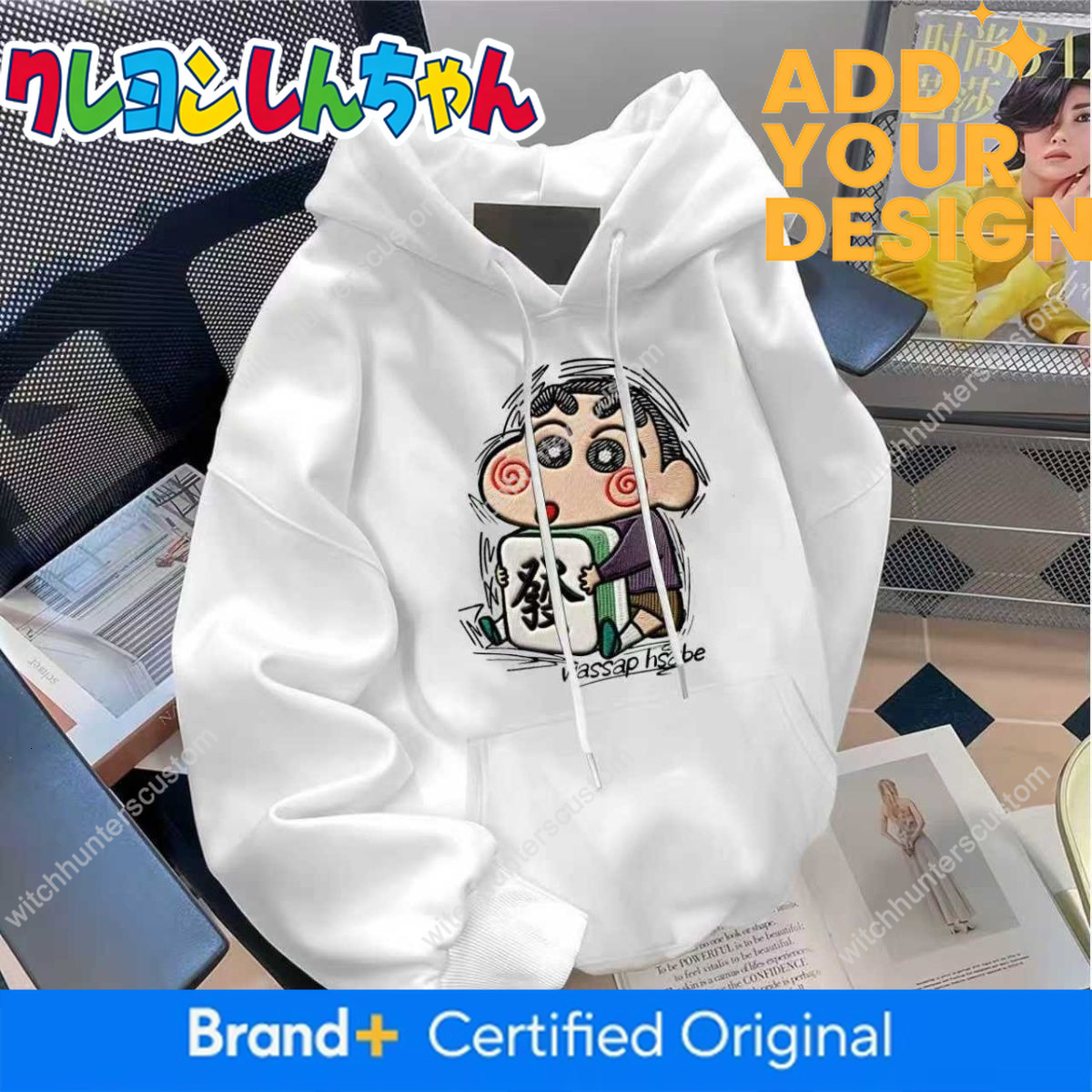 Sudadera con capucha blanca con diseño de Crayon Shin-chan, talla americana, adecuada para otoño e invierno, forro polar, corte holgado, ropa exteri