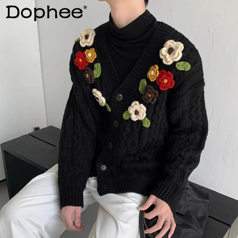 Men Women Autumn Bright Colorful Floral Knitted Cardigan High-End V-Neck Sweaters Jackets Color Matching Knitted Tops 260918