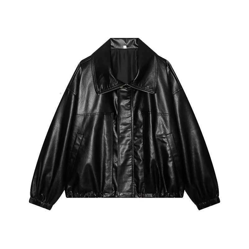 Oversized YENKYE Women's Women's Jackets Black Faux Leather Bomber Jacket Wide Lapel Zip Front Loose Short Moto Coat With Side Pockets C26
