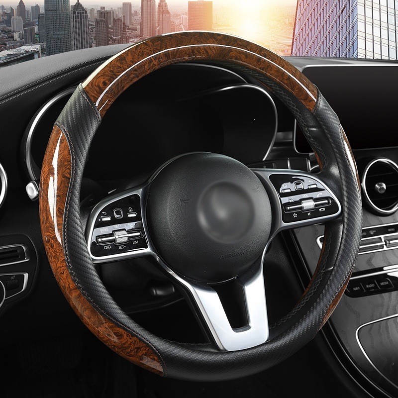 One-Piece Drop-Shipping Car Steering Wheel Four Seasons Universal New Peach Wood Grain Anti-Stain Wear-Resistant Leather Cover D-Type Large and Smal
