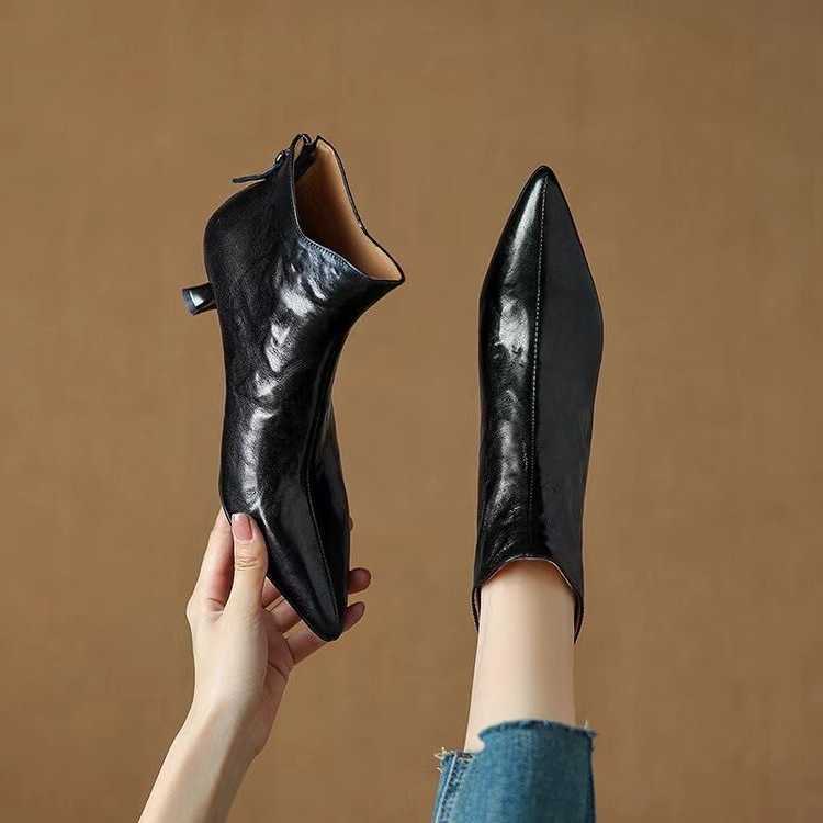 Botas Vintage con punta estrecha para Mujer, botines a la moda, zapatos De tacón grueso, Botas cortas concisas De Mujer H260921