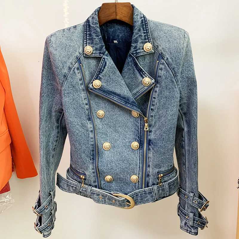 Women's Jackets HIGH STREET Newest 2026 Designer Fashion Women's Lion Buttons Denim Motorcycle Biker Jacket C260921