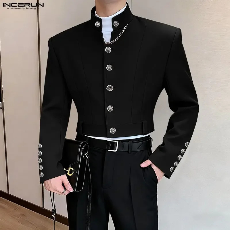 INCERUN Men Blazer Solid Color Stand Collar Long Sleeve Button Male Suit Streetwear 2026 Korean Style Fashion Casual Crop Coats 260921