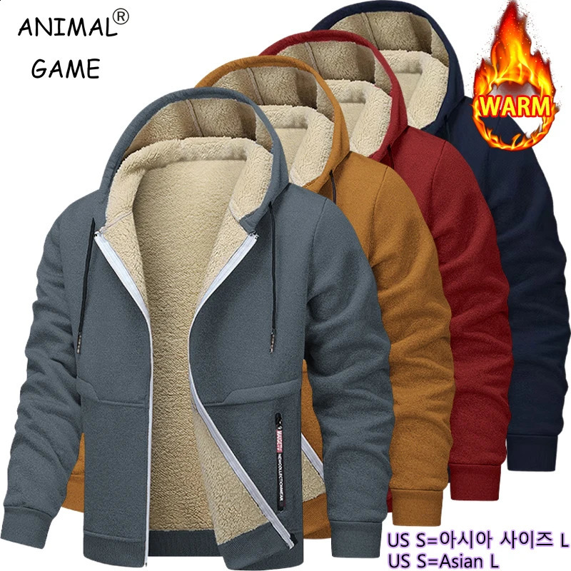 Animal Game Sudaderas con capucha casuales para hombres Sudadera de lana pesada Sudadera gruesa con forro de Sherpa Chaqueta con cremallera con capu
