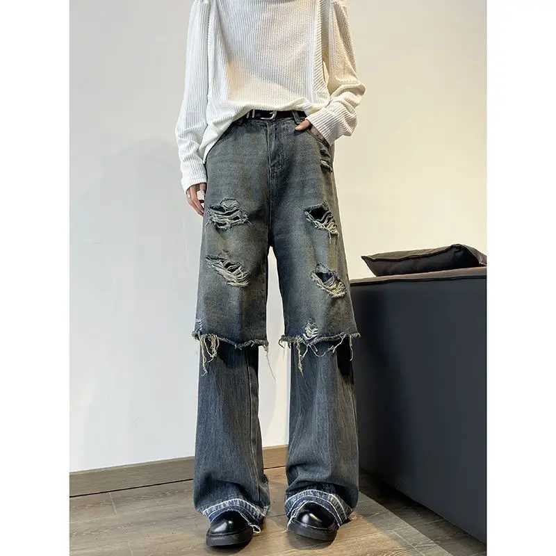 Jeans in denim lavato americano retrò Pantaloni da uomo larghi design High Street a gamba larga Doppio strato Perforazione Casual Straight Fit S2609