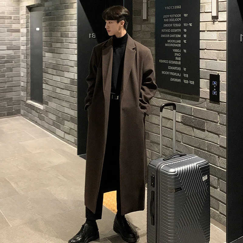 Wool Blends Men's Autumn Men's and Winter New Fashion Long Wool Woollen Coat Korean Version of Solid Color Loose Casual Tweed Trench with