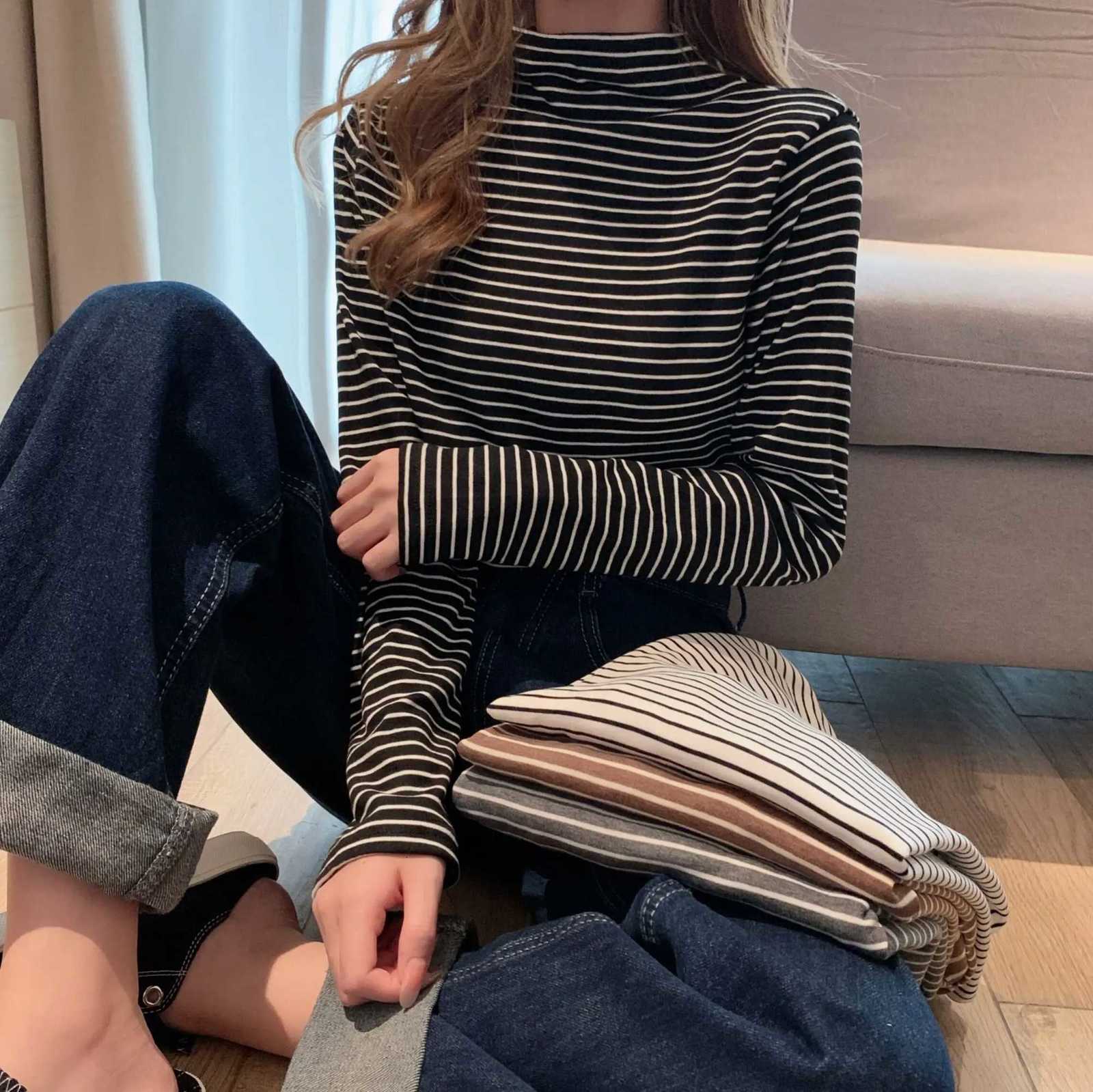 Women's T-Shirt Autumn Winter Women's Slim Fit Stripe T-irt Base Layer f High Collar Long Sve Inner Wear Polyester Commute Sle Q260921