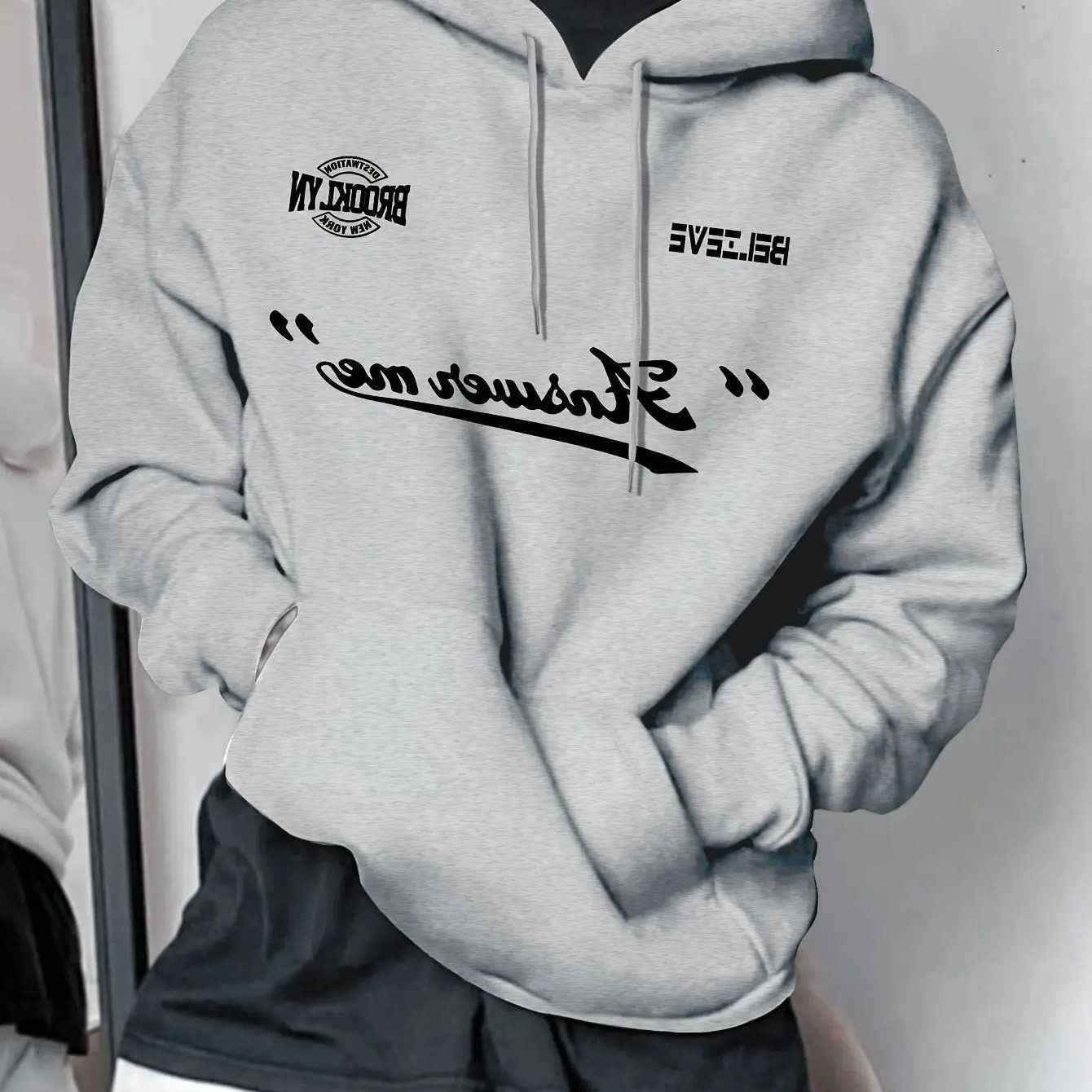 Brooklyn Men's Men Hoodies Sweatshirts Believe Answer Me Vintage Letter Hoodie MultiPosition Chest Print Casual Loose Pullover Hooded Sweatshir
