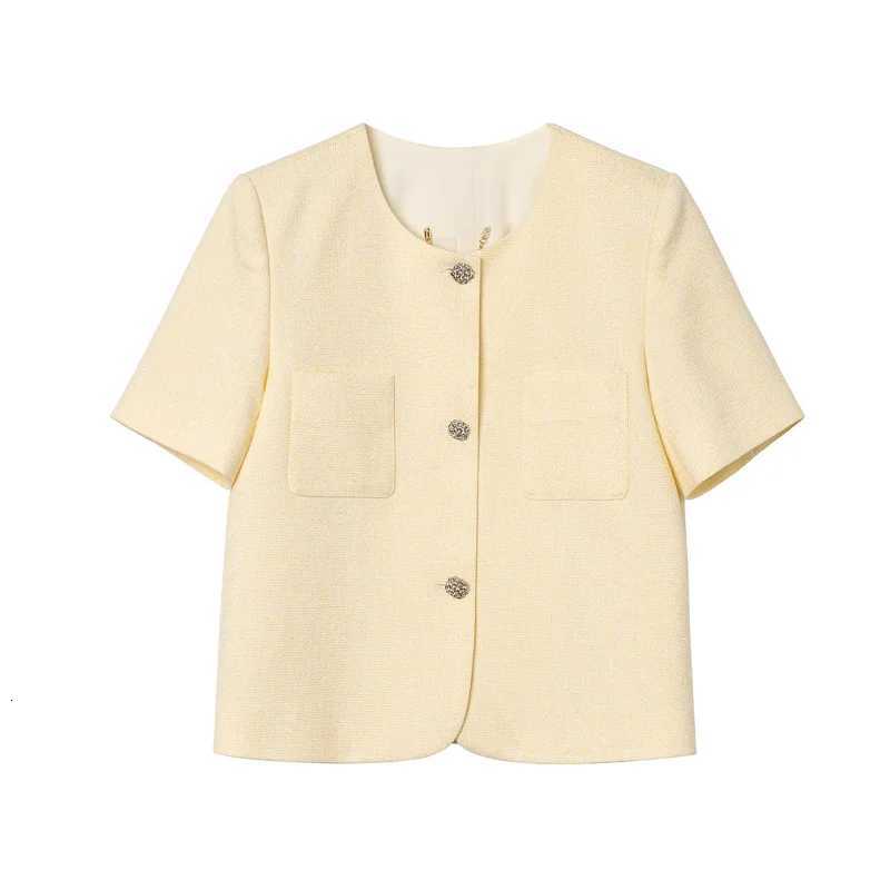 Small Women's Jackets French Elegant Fragrance Yellow Joker Short-sleeved Coat Women's Fashion Simple Office Lady Short Jacket C260921