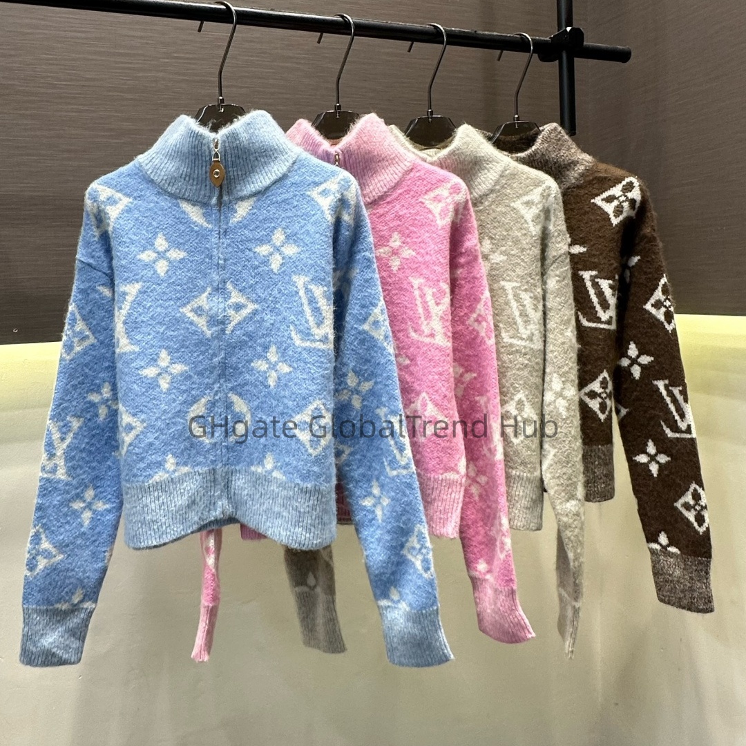 designer clothes women Women Half Zip Jacquard Sweater High Quality Stand Collar Knit Pullover Casual Ladies Top Daily Street Autumn Winter Warm Out
