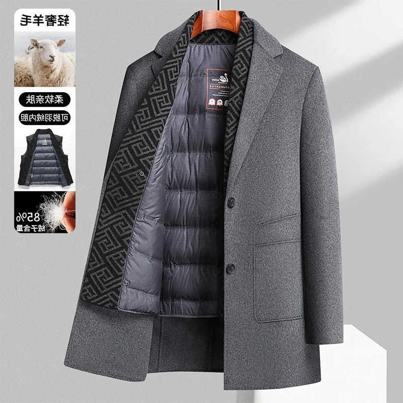 New Blends Men's Arrival Wool Winter Detachable Down Inner Liner Thickened Medium Long Double-sided Woolen Coat Men's Size M L XL 2XL 3XL