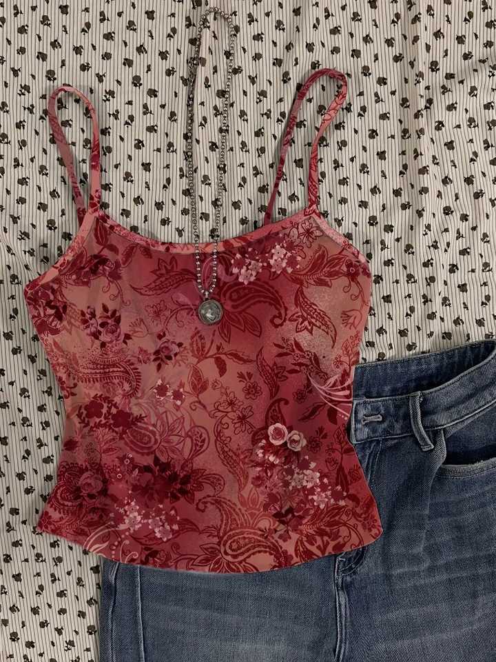 Vintage Floral Pattern Red Sexy Vest Women's Short Top L2609210ENZ