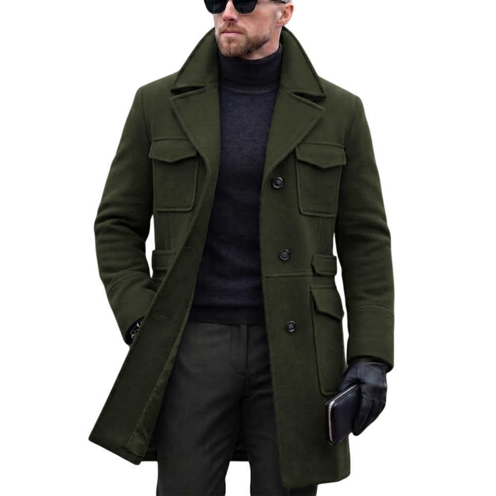 2026 Blends Men's Autumn Wool Winter Woolen Coats Men Solid Color Turn Down Collar Single Breasted Multi Pocket Smart Casual Trench Outerwear M