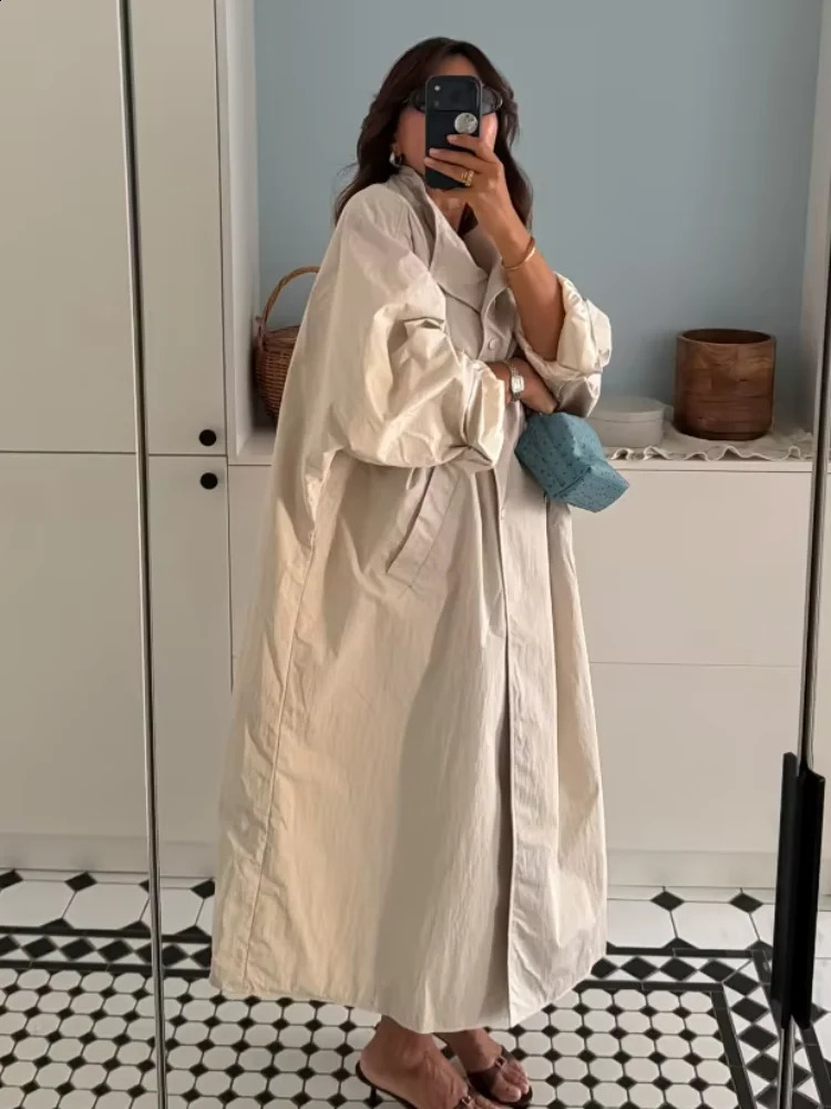 Solid Casual Long Trench Coat Women Lapel Collar Single Breasted Batwing Sleeve Windbreaker 2026 High Street Oversized Outerwear 260918