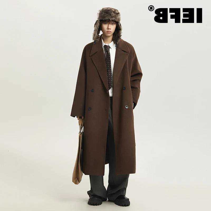 Wool Blends IEFB Korean Men's Style Men's Woolen Coats Lapel Thickened Lace Up All-match Double Breasted Loose Male Woolen Overcoats 9X151