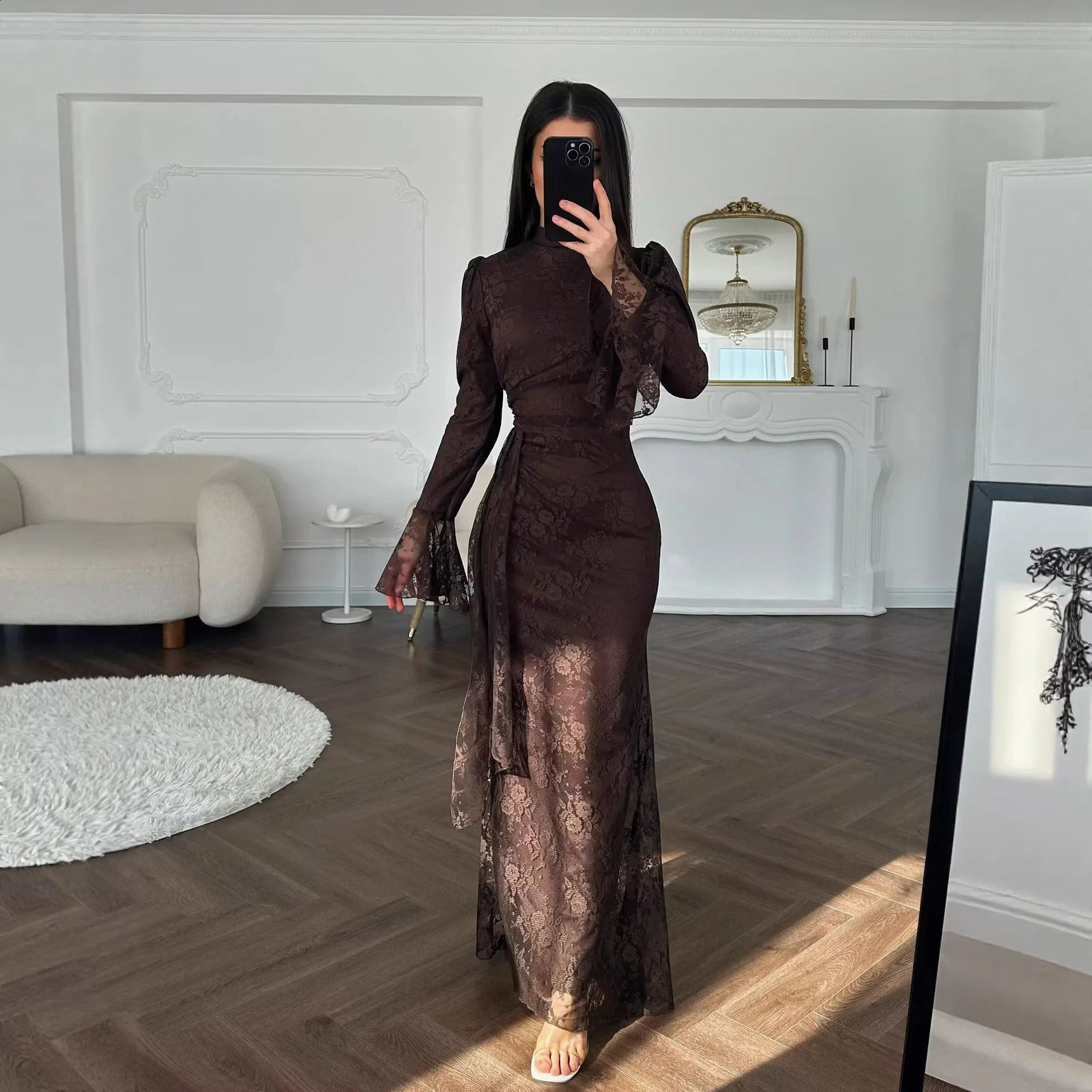 Sexy Lace Party Dress Fashion Embroidery Solid Color Bell-Bottomed Sleeve Hip Package Gowns Elegant Chic Evening Robe 260920