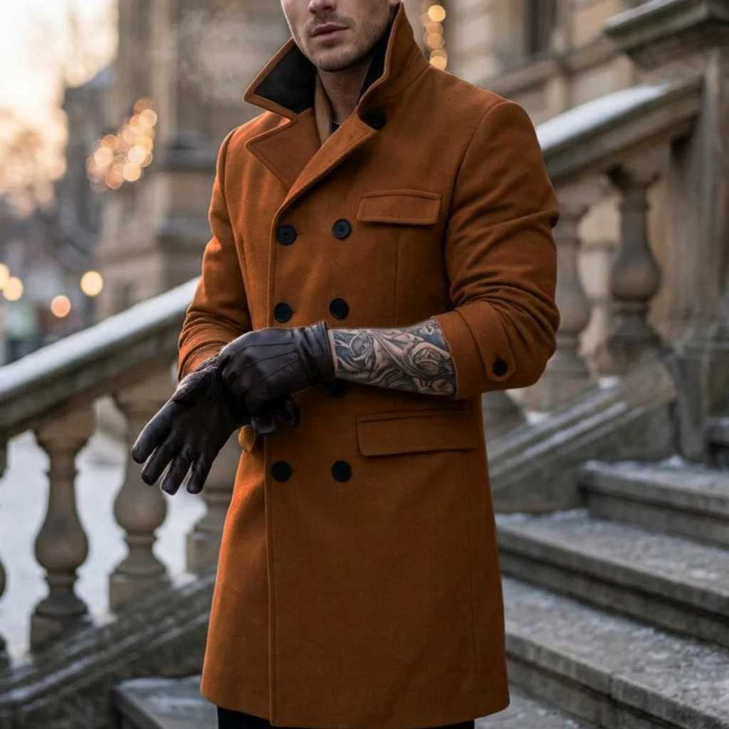 2026 Men's Wool New Blends Men's Autumn Winter Coat Color Contrast Casual Woolen Suit Jacket Double Breasted Wear Trench Coats for Man Win