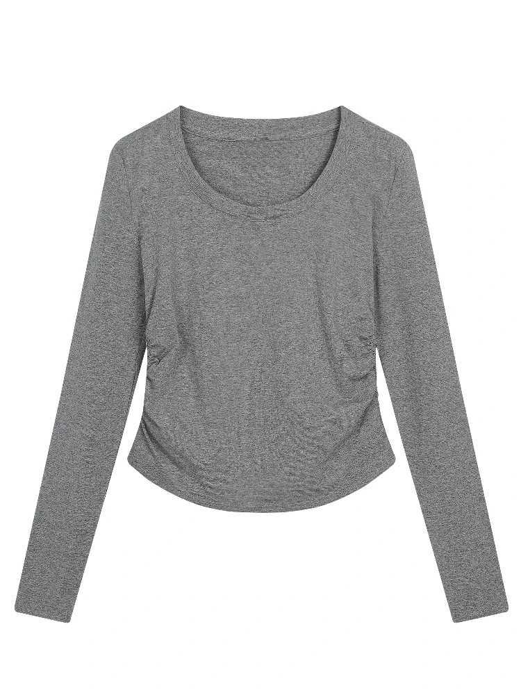 Women's T-Shirt 2026 Autumn Winter Women T-Shirt Long Sleeve O-Neck Slim Side Pleats Solid Versatile Tee Korean Style Simple Base Layer Tops Q2