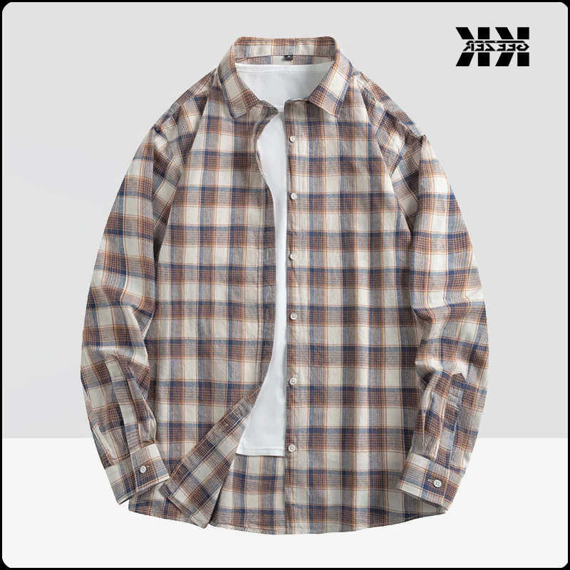 Shirt Shirts Men Men's Casual Plaid 100% Cotton Flannel Long Sleeve Oversize Loose Spring Autumn Street Casual Business Male Comfortable Dress