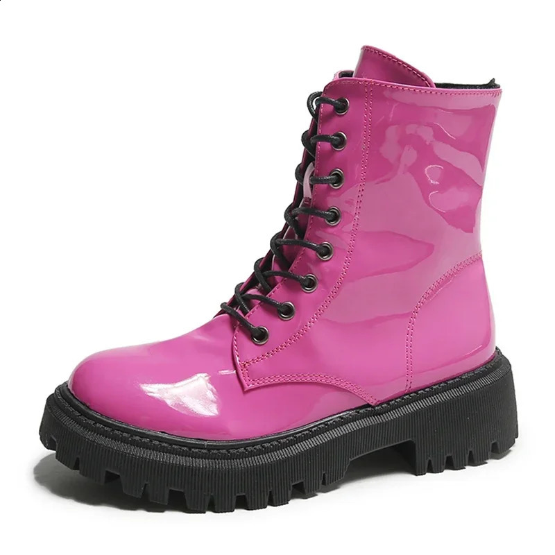 Botines rosas con cordones, botas de moto con plataforma de charol para mujer, botines cortos con cremallera de tacón grueso para mujer 260920