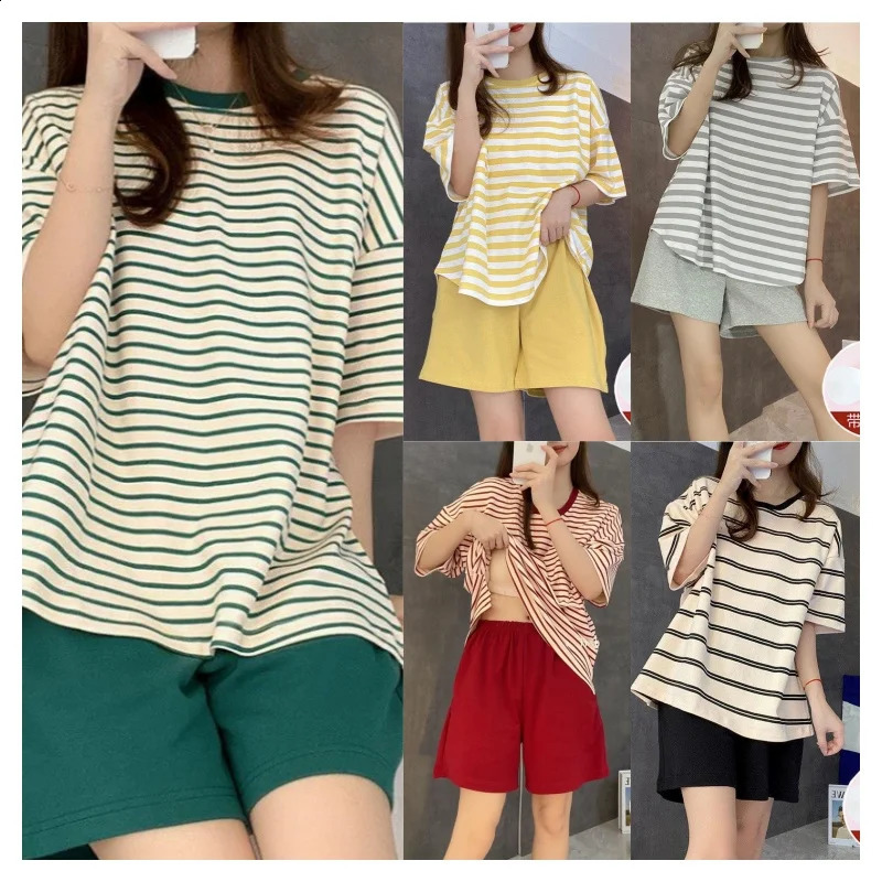 Women Summer Two Pieces Sets Pajamas Oneck Short Sleeve Shorts Pant Homewear With Chest Pad Thin Loose Striped Big Size Cute 260920