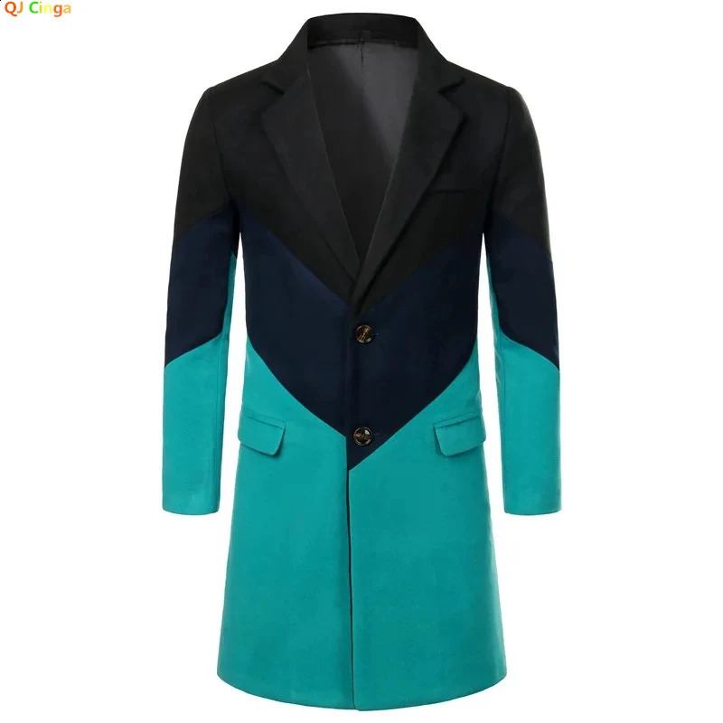 2026 Winter Men's Long Jacket BlackNavyGreen Splicing Trench Coat SlimFit Business Office Overcoat 260920