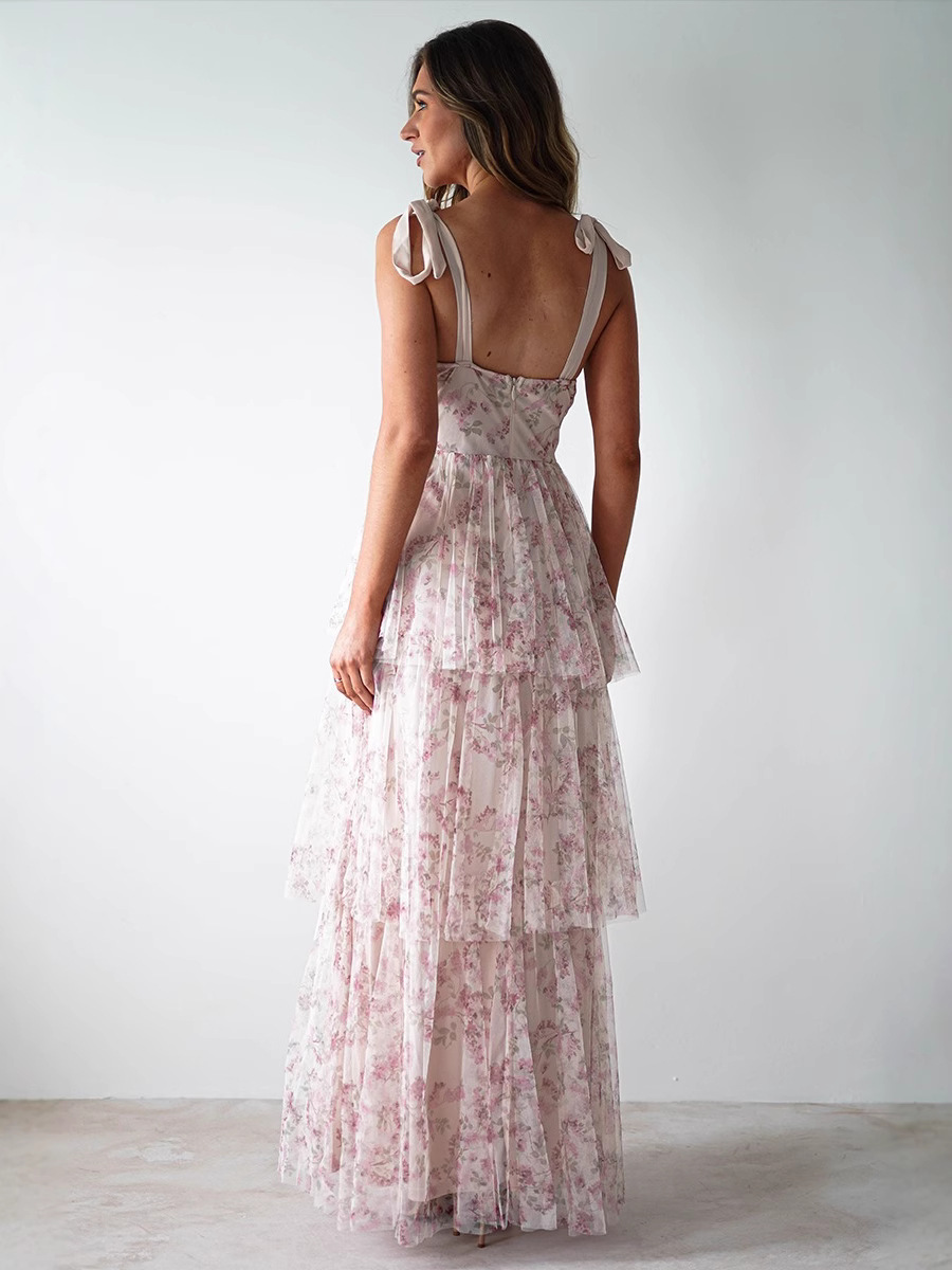 S921 Fashion Pink Floral Spaghetti Strap Backless Cake Dress
