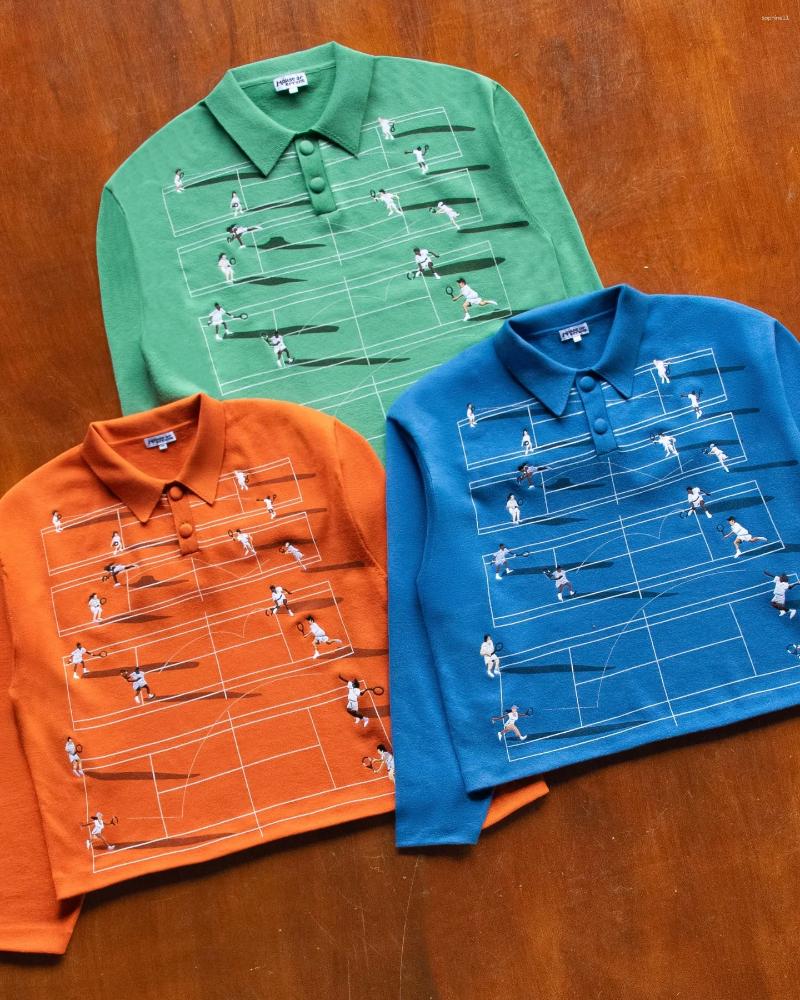 Men Loose Collar Shirt With Printed Small Figure Playing Tennis In Spring And Autumn Niche Design Pure Cotton Polo
