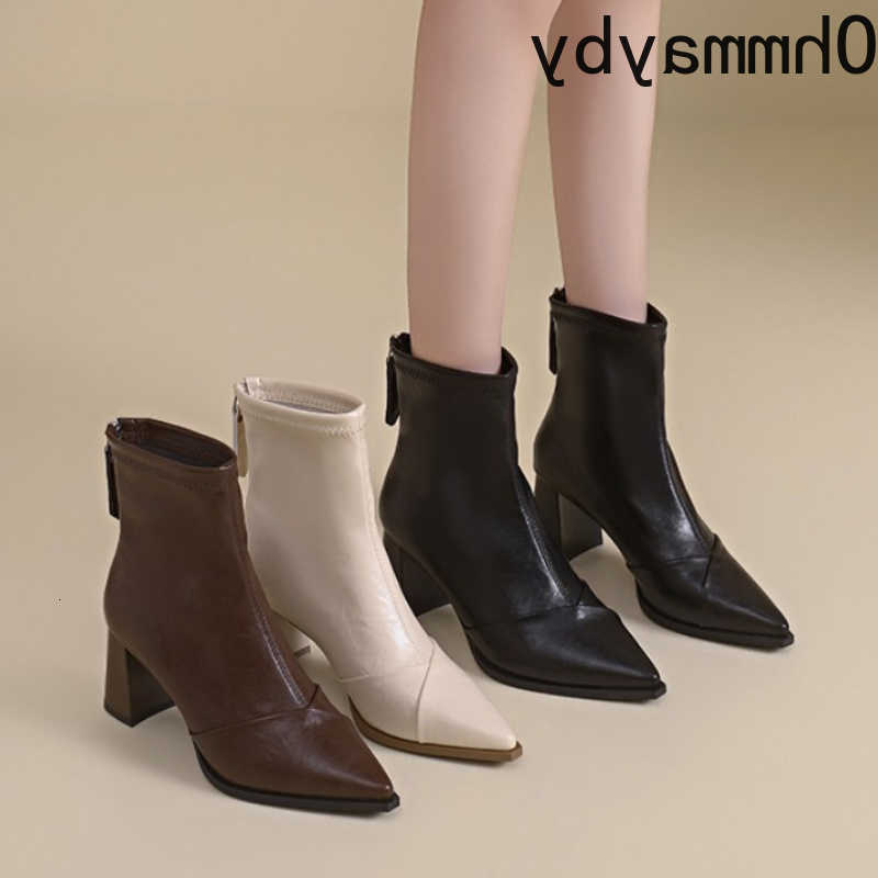 Ankle Boots Women Pointed Toe Booties Back Zipper Square Heel Slim Fit Leather Botas Mujer Autumn Winter Mordern Short Booties H260921