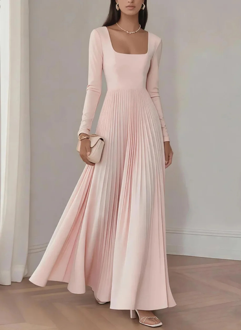 Women Square Neck Maxi Dress Long Sleeve High Waist Pleated Flowy Skirt Elegant Wedding Guest Formal Party 260920